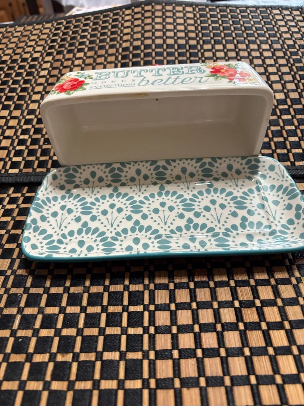 The Pioneer Woman Floral Ceramic Butter Dish with Red Knob and Teal Tray